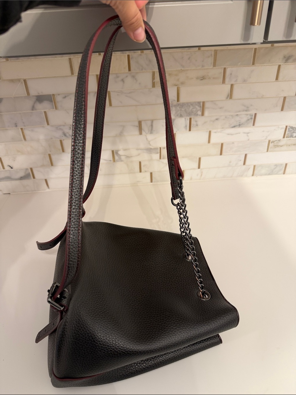 Adolfo Dominguez Black Bucket Bag with Burgundy Trim and Gunmetal Chain - Picture 4 of 6